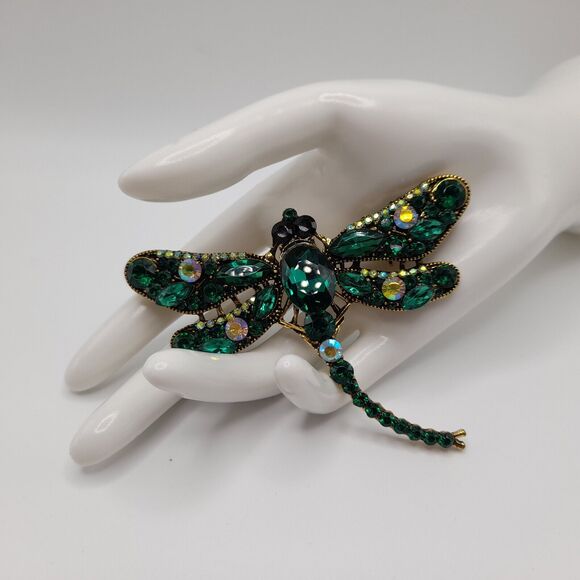 Dragonfly Large Brooch Pin Green Crystal Rhinestone Jewelry - Picture 4 of 13